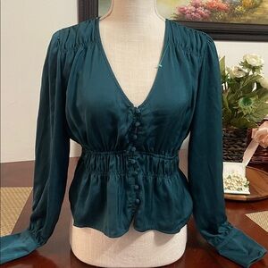 Self Esteem Deep Teal V-Neck Button Front Blouse